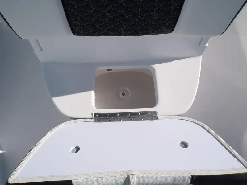 Slide: The Image of 2025 Tidewater 2410 BM boat storage compartment with open lid, showcasing interior space. - 21