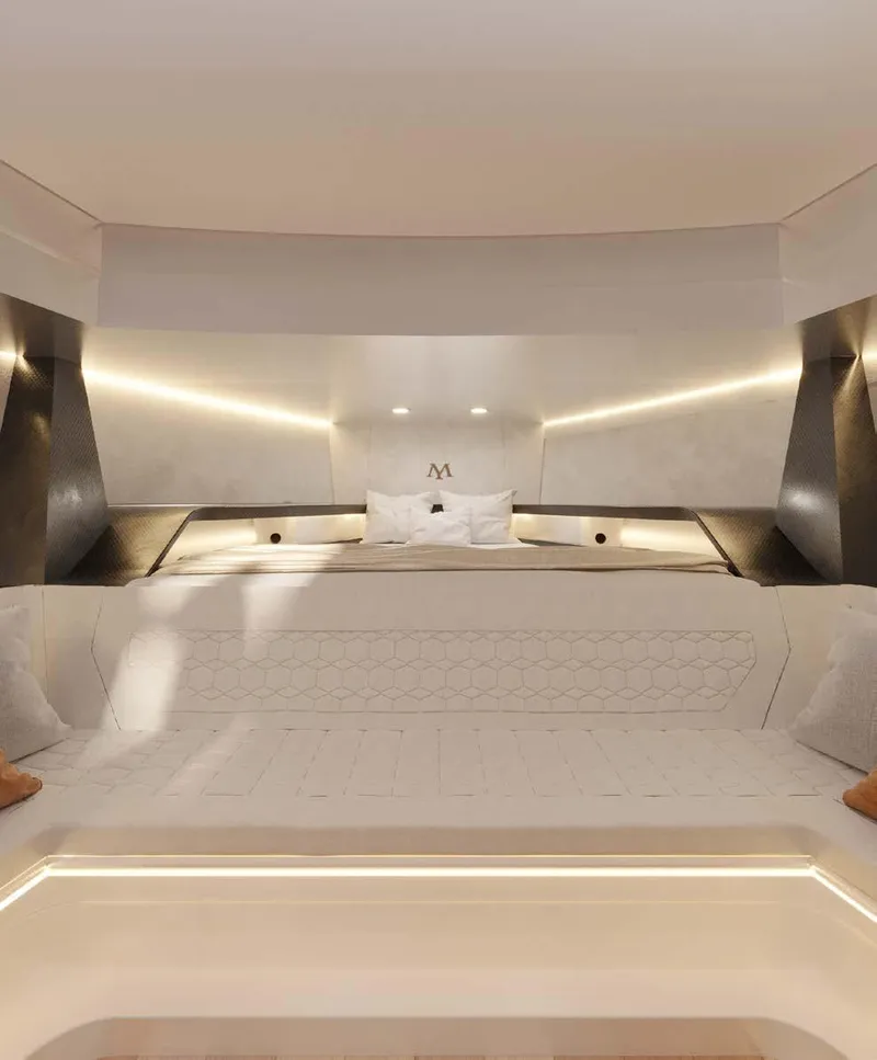 Slide: The Image of Luxurious interior of 2025 Maxim Yachts MAX44R, featuring elegant bedding and ambient lighting. - 26