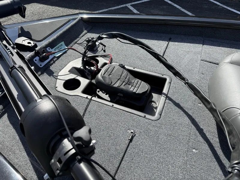 Slide: The Image of 2025 Tracker Pro Team 190 boat deck with trolling motor and wiring. - 10