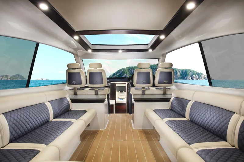 Slide: The Image of Luxurious interior of 2026 Palm Beach Motor Yachts GT50, featuring elegant seating and panoramic views. - 15