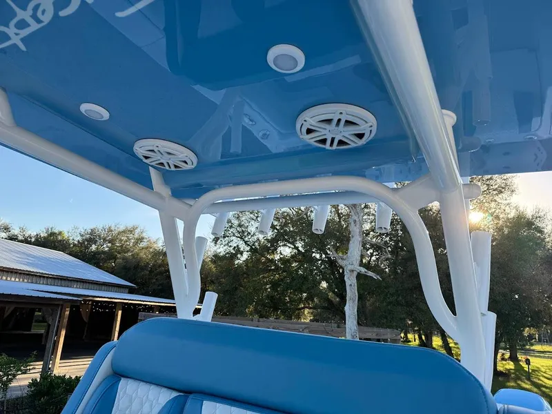 Slide: The Image of Blue and white boat interior with speakers, Concept 392 Family Edition, 2018 model. - 29
