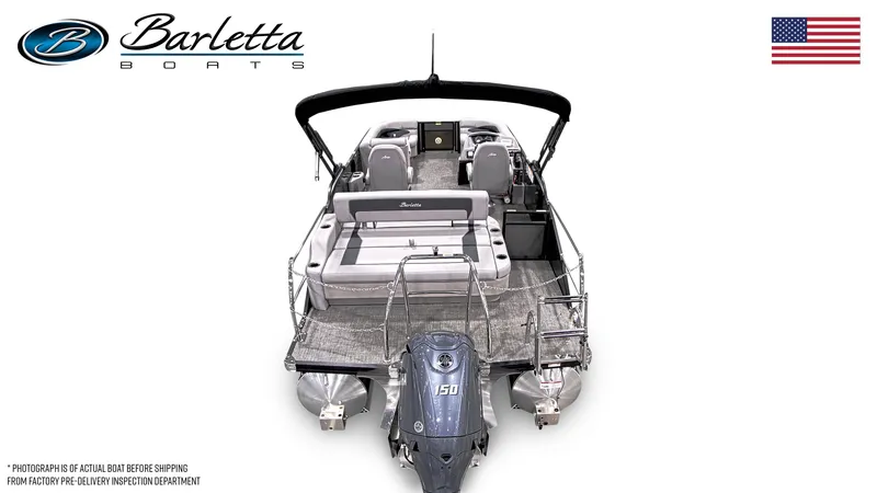 Slide: The Image of 2025 Barletta ARIA 22UC pontoon boat, rear view, featuring spacious seating and powerful engine. - 2