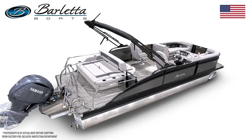 Slide: The Image of 2025 Barletta ARIA 22UC pontoon boat with Yamaha engine, sleek design, and luxury seating. - 3