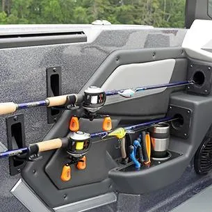 Slide: The Image of 2025 Lund 202 Pro-V GL boat interior with fishing rod holders and gear storage. - 5
