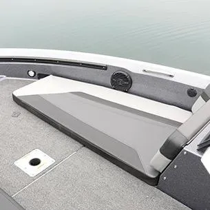 Slide: The Image of 2025 Lund 202 Pro-V GL boat interior with cushioned seating and speaker. - 6