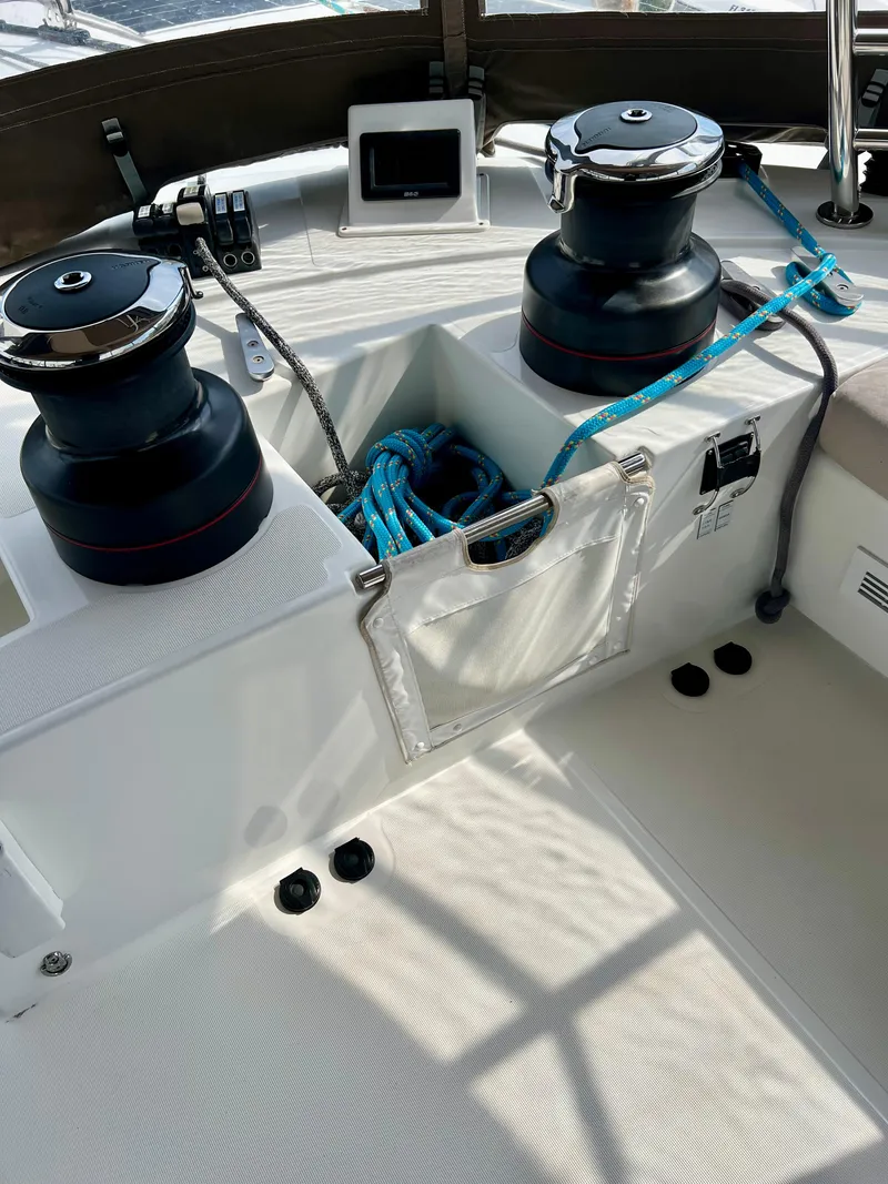 Slide: The Image of Lagoon 620 yacht deck with winches and ropes, 2017 model. - 43