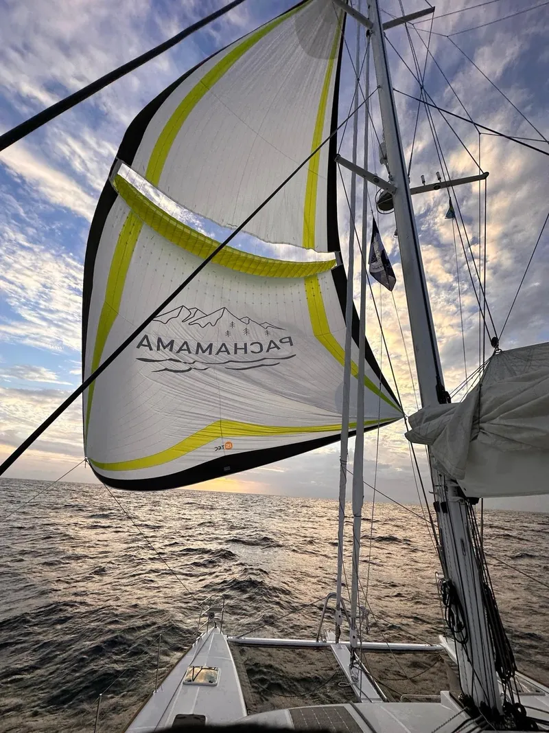 Slide: The Image of Lagoon 620 sailing yacht with vibrant spinnaker against a dramatic sky, 2017 model. - 9