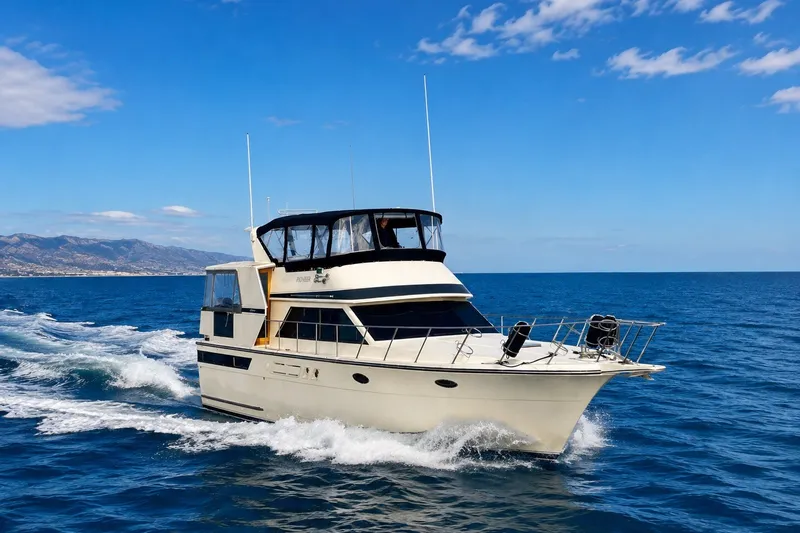 The Image of 1988 Californian Sundeck Motoryacht cruising on open sea under clear blue sky. - 0