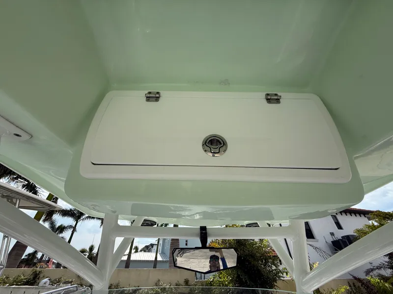 Slide: The Image of 2019 Sea Fox 228 Commander boat storage compartment, open view, with tropical background. - 14