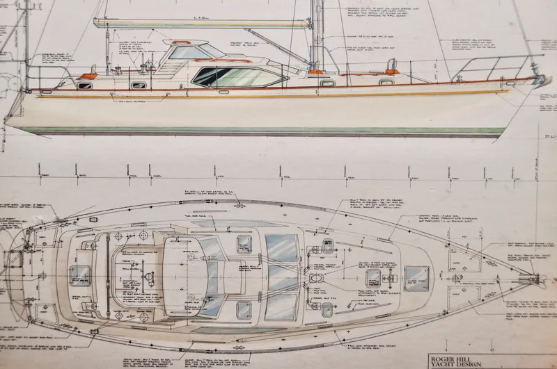 Slide: The Image of Blueprint of 2000 Roger Hill Cruising Cutter sailboat design, side and top views. - 15