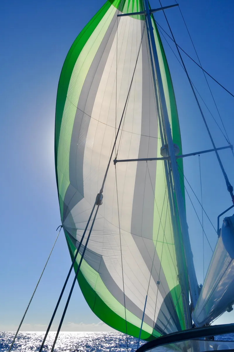 Slide: The Image of Sailing yacht with green and white spinnaker against clear blue sky, Roger Hill Cruising Cutter 2000. - 8