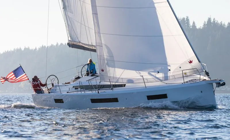 The Image of 2025 Jeanneau Sun Odyssey 440 sailing on open water with American flag. - 0