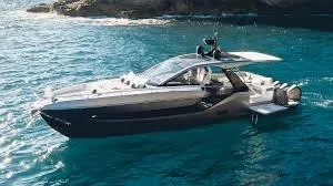 Slide: The Image of 2021 Azimut Verve 47 yacht cruising on clear blue water. - 2