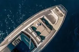 Slide: The Image of Aerial view of 2021 Azimut Verve 47 yacht on blue ocean water. - 25