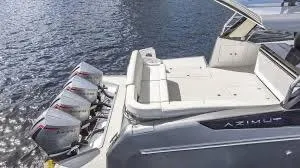 Slide: The Image of 2021 Azimut Verve 47 yacht with triple outboard engines on water. - 8