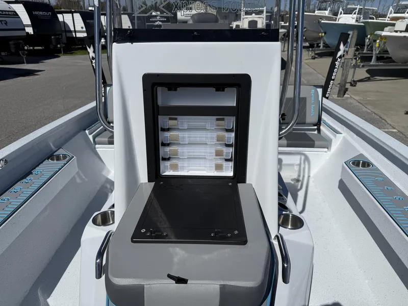 Slide: The Image of 2025 Xpress Hyper-Lift Series H20B boat console with storage compartments. - 10