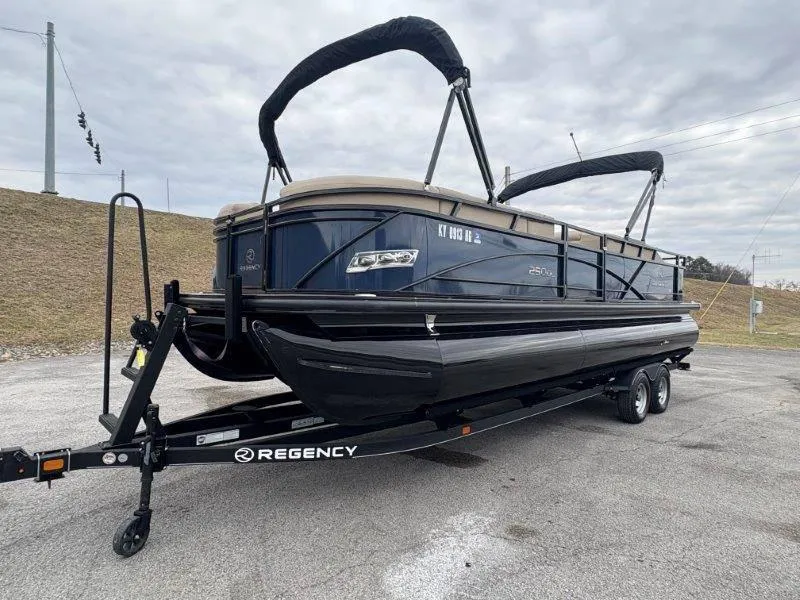 Slide: The Image of 2020 Regency 250 DL3 pontoon boat on trailer, parked outdoors. - 19