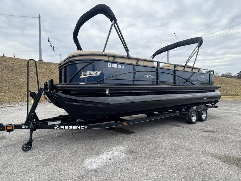 Slide: The Image of 2020 Regency 250 DL3 pontoon boat on trailer, parked outdoors under cloudy sky. - 20
