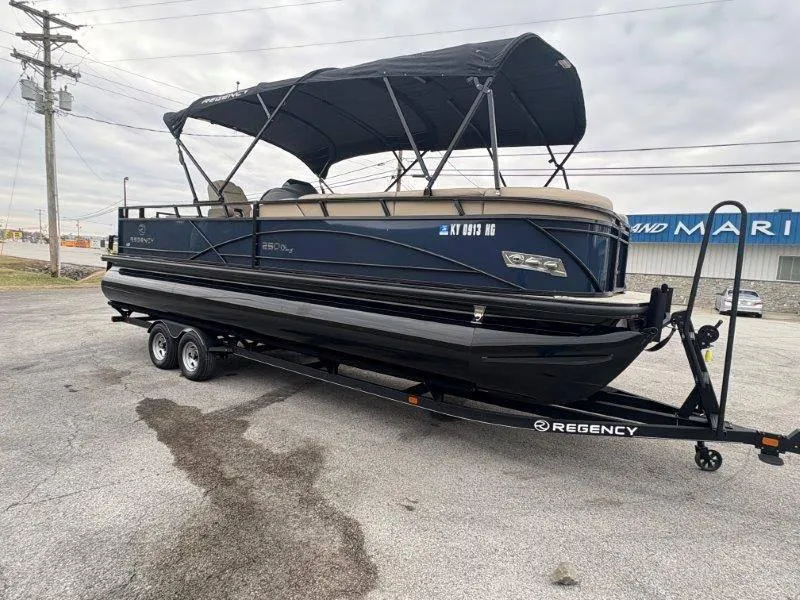 Slide: The Image of 2020 Regency 250 DL3 pontoon boat on trailer, parked outdoors. - 30