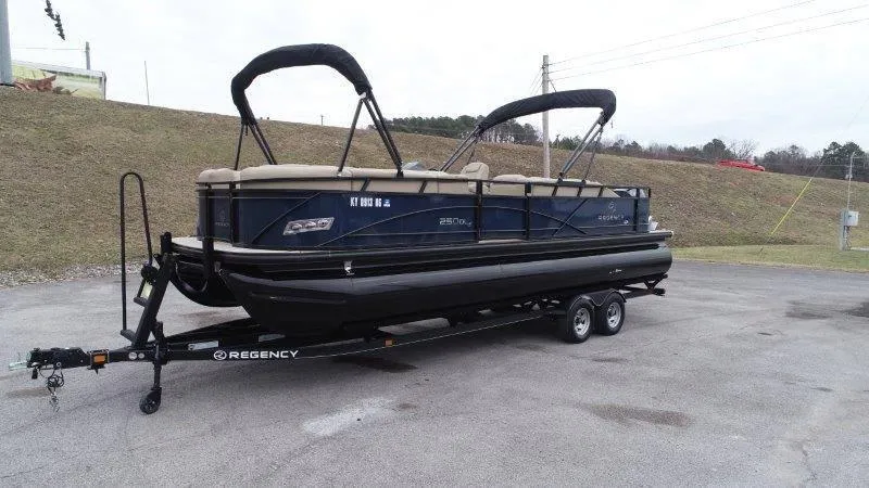 Slide: The Image of 2020 Regency 250 DL3 pontoon boat on trailer, parked outdoors. - 5