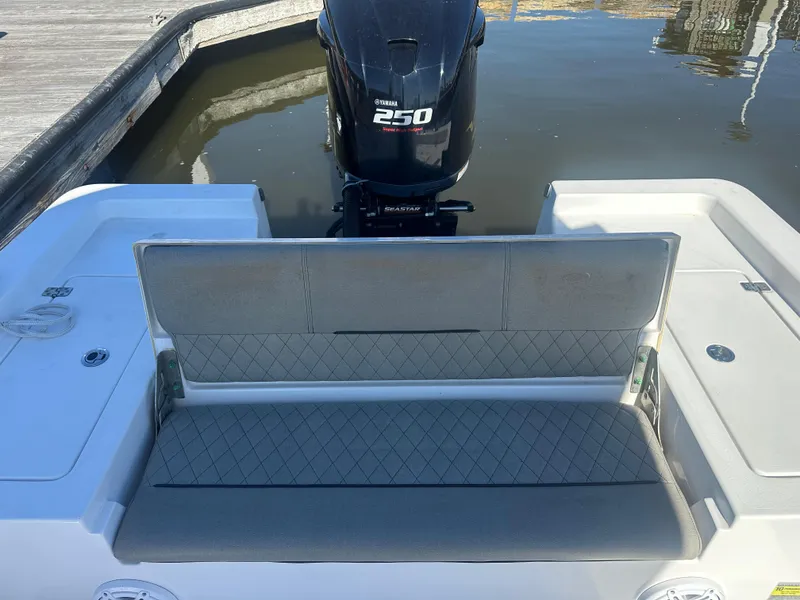 Slide: The Image of 2021 Sportsman Masters 247 Bay Boat with Yamaha 250 engine, featuring rear seating. - 30