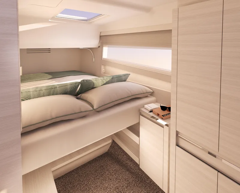 Slide: The Image of Modern interior cabin of 2025 Catana YOT 41 yacht, featuring a cozy bed and sleek design. - 16