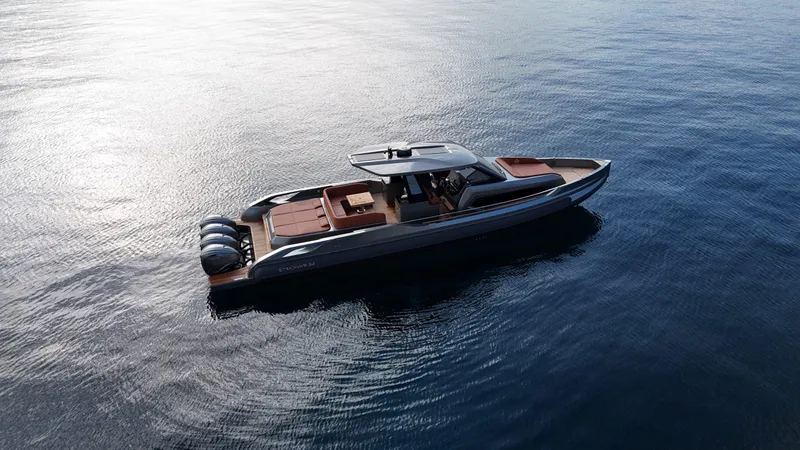 Slide: The Image of 2026 Capelli Stradivari 52 luxury boat on calm water, aerial view. - 2