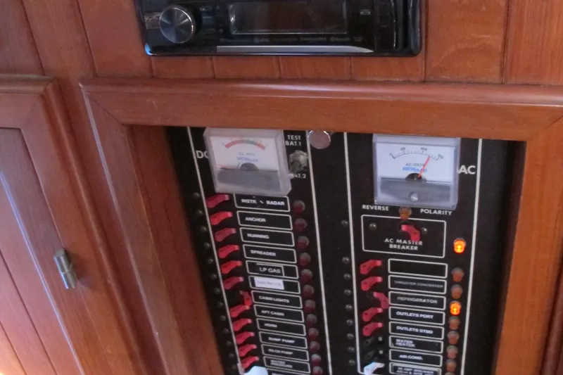 Slide: The Image of Electrical control panel on a 1986 Monk 36 boat, featuring switches and meters. - 42