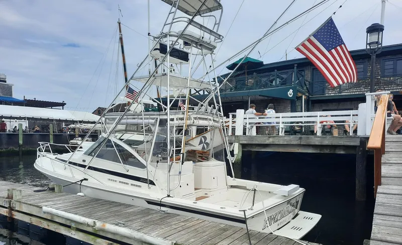 The Image of 1994 Blackfin 33 Combi boat docked, featuring a tall tower and American flag. - 0