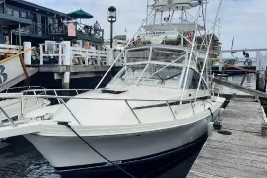 Slide: The Image of 1994 Blackfin 33 Combi boat docked at a marina, showcasing sleek design and sturdy build. - 2