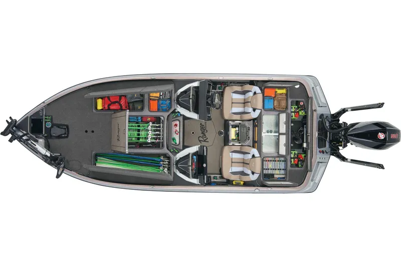 Slide: The Image of 2025 Ranger Z521R boat interior with Lowrance electronics and dual seating. - 6