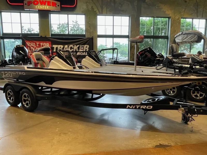 Slide: The Image of 2025 Nitro Z20 XL Pro boat displayed indoors on a trailer. - 2