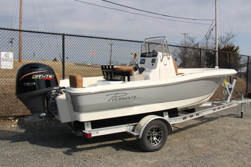 Slide: The Image of 2025 Pioneer 180 Sportfish boat on trailer, featuring Yamaha SHO VMAX outboard motor. - 3