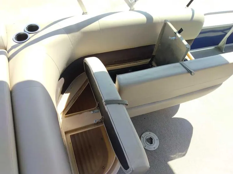 Slide: The Image of 2017 Sun Tracker Fishing Barge 22 XP3 interior seating with storage compartments. - 10