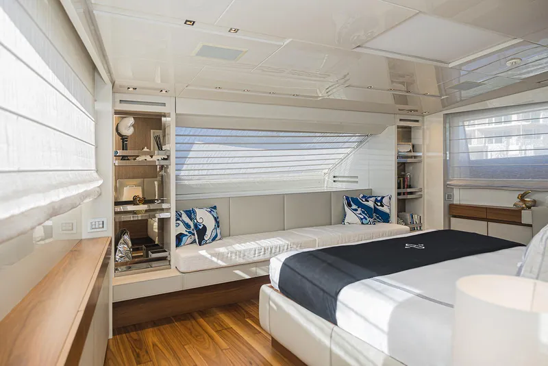 Slide: The Image of Luxurious interior of 2014 Sanlorenzo SL104 yacht, featuring elegant bedroom with modern design. - 30