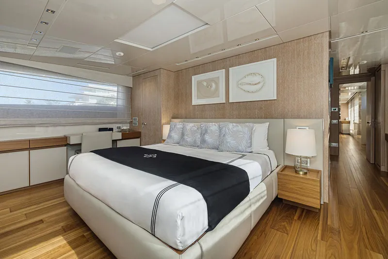 Slide: The Image of Luxurious bedroom interior on 2014 Sanlorenzo SL104 yacht with modern decor and wooden flooring. - 31