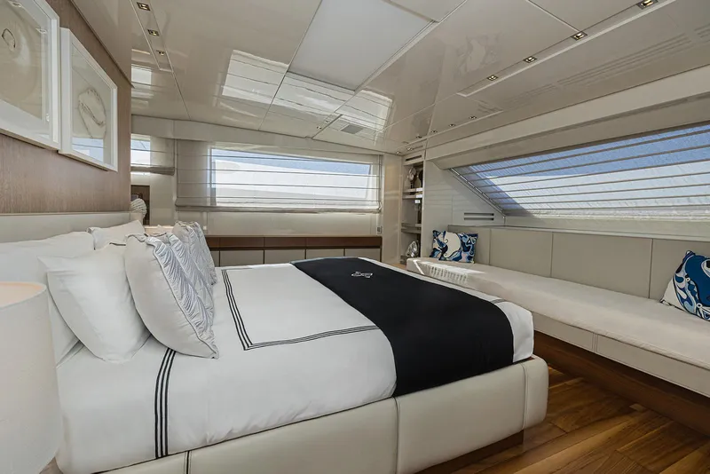 Slide: The Image of Luxurious bedroom interior of 2014 Sanlorenzo SL104 yacht with modern design and elegant furnishings. - 32