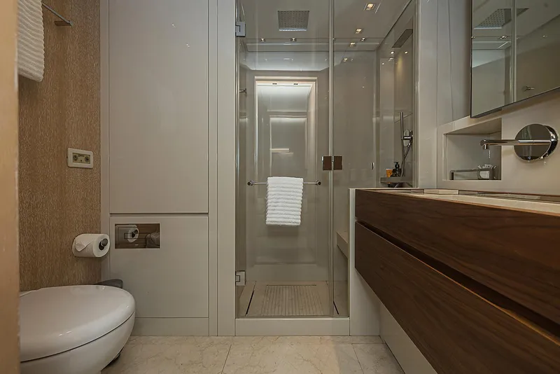 Slide: The Image of Luxurious bathroom on 2014 Sanlorenzo SL104 yacht with modern fixtures and elegant design. - 34