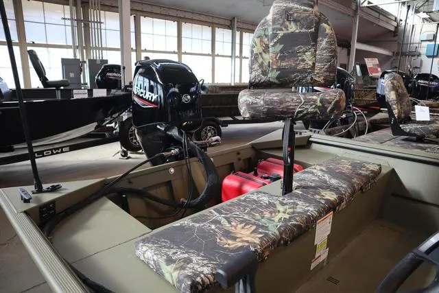 Slide: The Image of 2025 Lowe Roughneck 1860 Rambler boat with camouflage seating and Mercury outboard motor. - 13