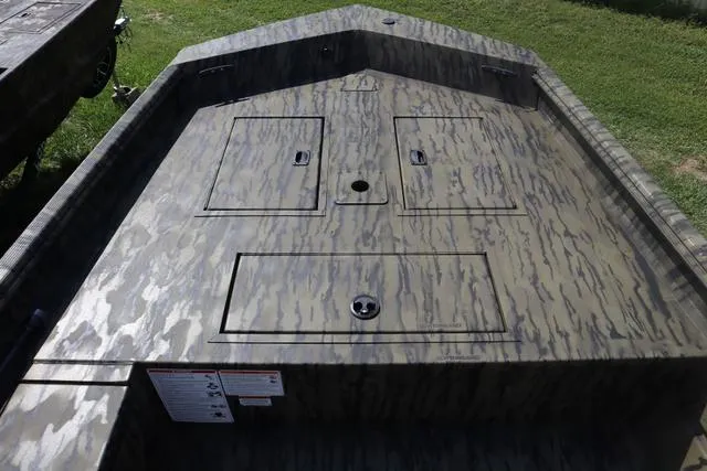 Slide: The Image of 2025 Lowe Roughneck 1860 Add-On Console boat with camouflage design on grassy background. - 5