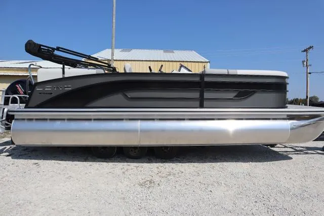 Slide: The Image of 2025 Lowe SS 230 WV Special Triple Tube pontoon boat, side view, outdoors. - 9