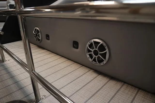 Slide: The Image of 2025 Bentley Pontoons Legacy 243 Swingback Ext. interior speakers and railing detail. - 16