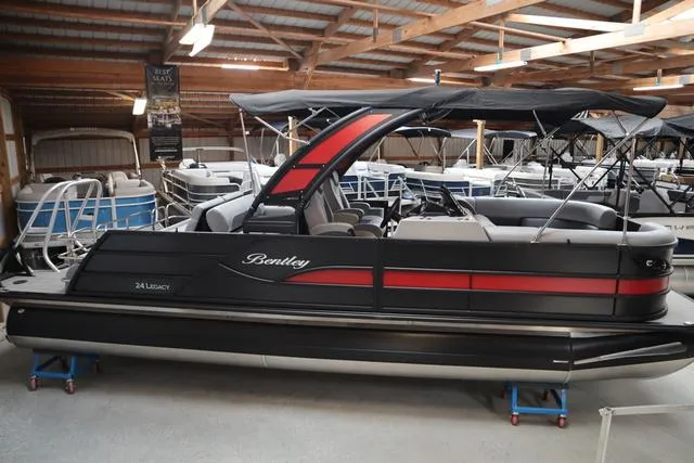 Slide: The Image of 2025 Bentley Pontoons Legacy 243 Swingback Ext. Triple Tube in showroom. - 39