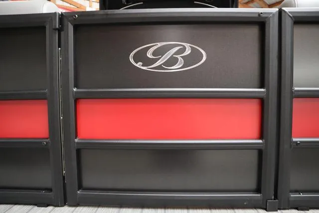Slide: The Image of 2025 Bentley Pontoons Legacy 243 Swingback Ext. Triple Tube, black and red panel design. - 46