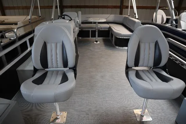 Slide: The Image of 2023 Lowe Ultra Fish 182 interior with gray seating and spacious layout. - 3