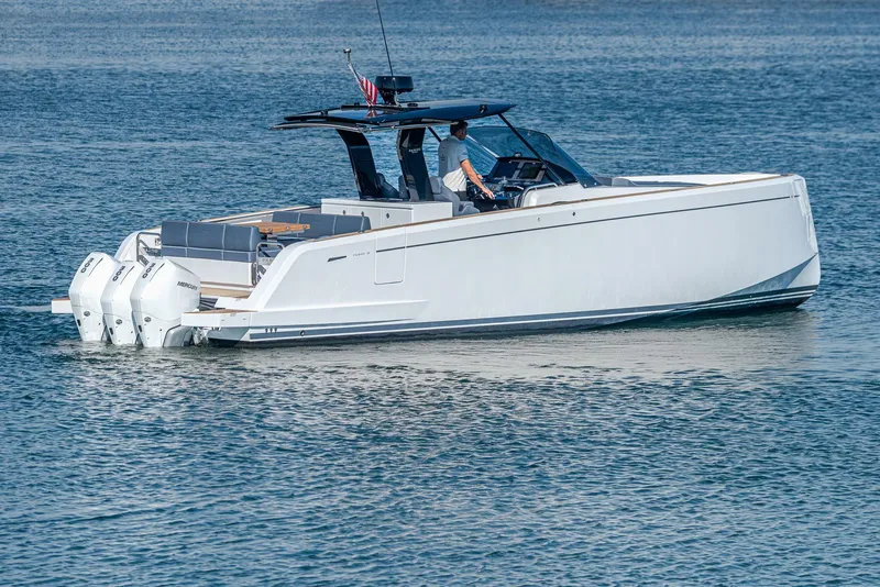 Slide: The Image of 2023 Pardo Yachts P38 luxury boat on calm water, showcasing sleek design and powerful engines. - 26