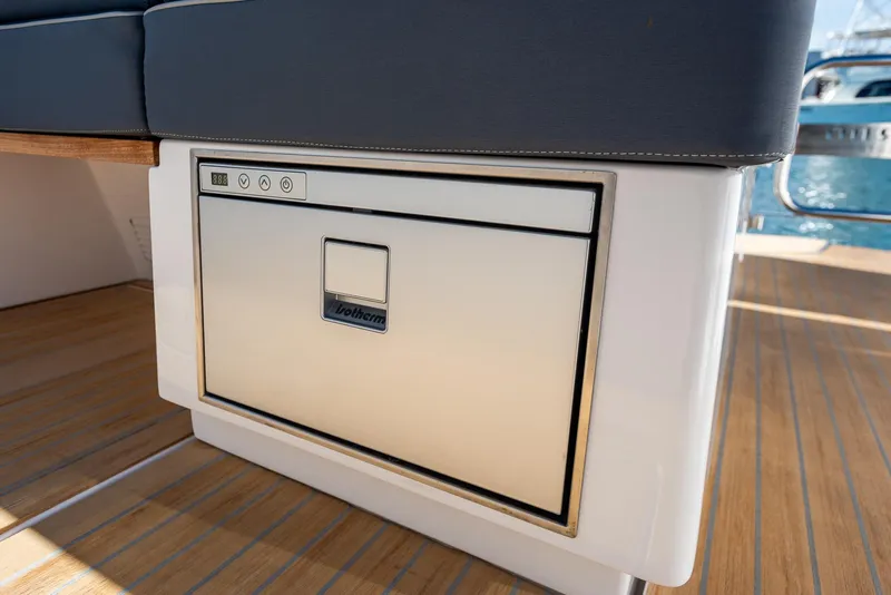Slide: The Image of Built-in refrigerator on 2023 Pardo Yachts P38, featuring sleek design and modern controls. - 14