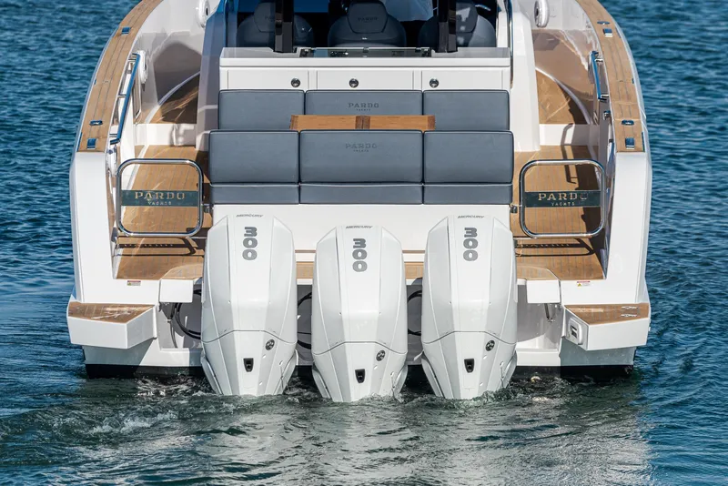 Slide: The Image of 2023 Pardo Yachts P38 with triple outboard engines on water. - 20