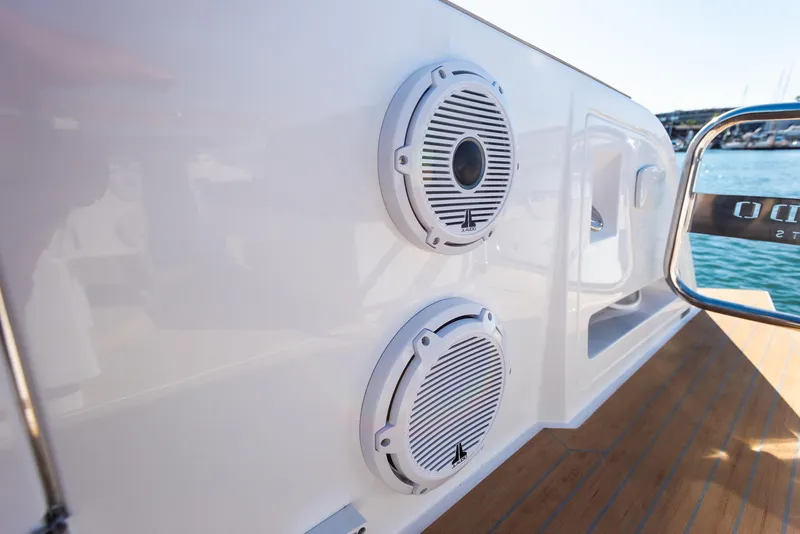 Slide: The Image of Close-up of 2023 Pardo Yachts P38 speakers on deck, showcasing sleek design. - 9