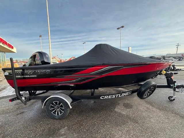 Slide: The Image of 2025 Crestliner 1850 Super Hawk WT JS boat with cover on trailer. - 1